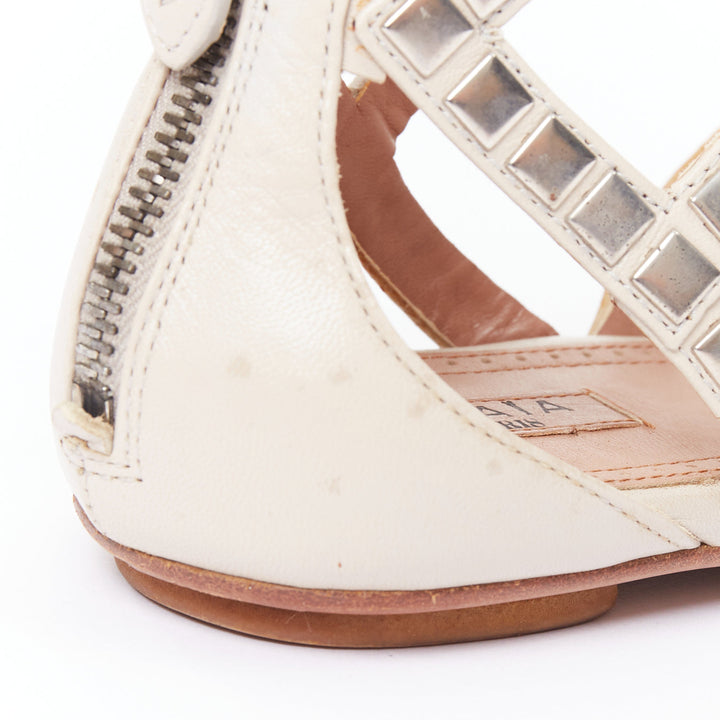 ALAIA silver square studded nude leather flat gladiator sandals EU36.5
