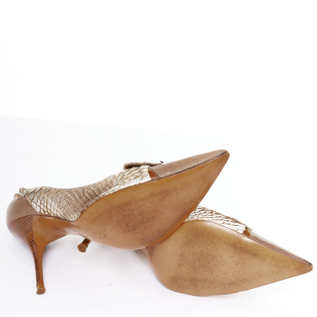 CHLOE Vintage silver metallic scaled leather brown trim pointy pumps EU37.5