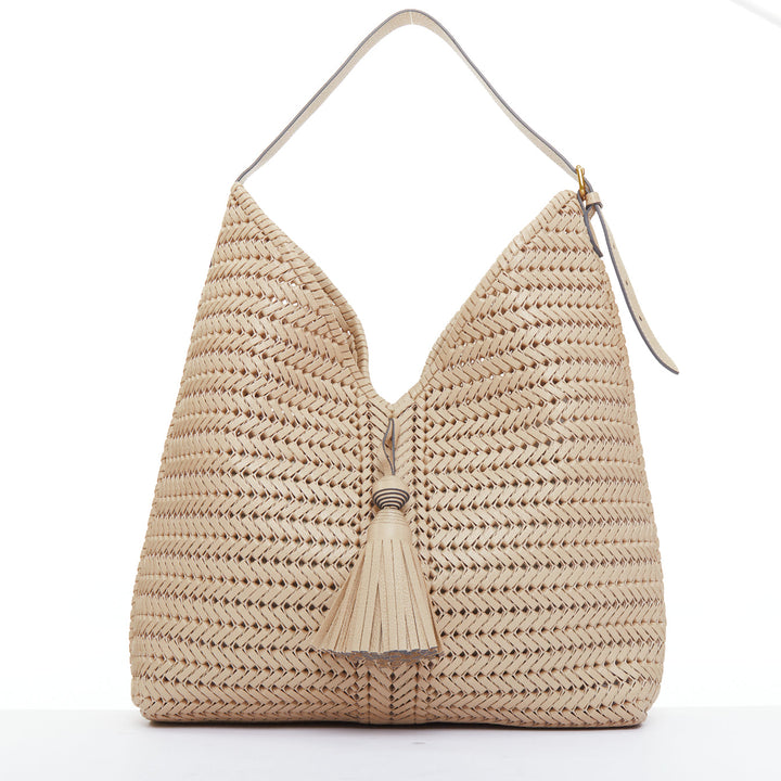 ANYA HINDMARCH Neeson Tassel Hobo beige capra leather fringe woven bag