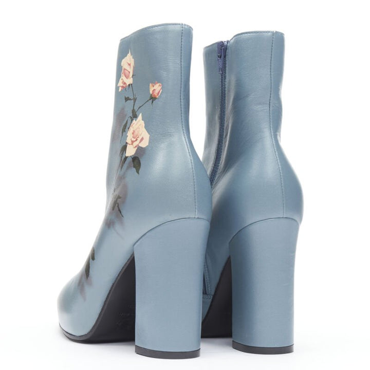 DRIES VAN NOTEN Runway slate blue rose print block heel ankle boot EU36