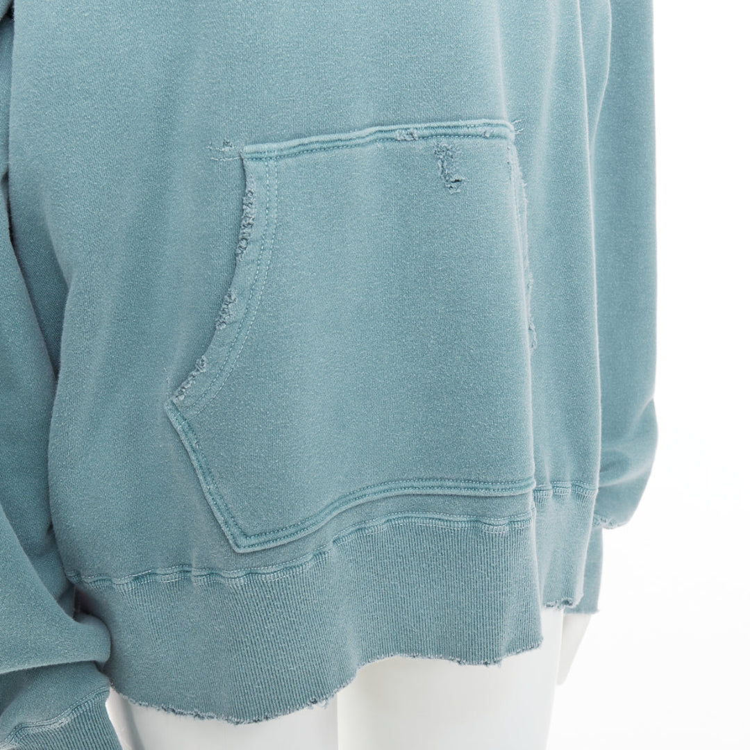 ANCELLM teal blue washed cotton drawstring distressed oversized hoodie JP1 S