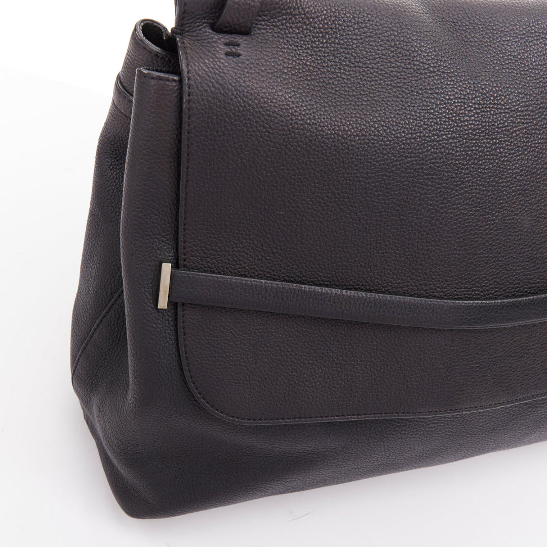 THE ROW Top Handle 14 black pebble leather loop through flap shoulder bag