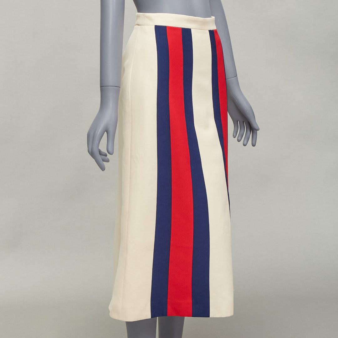 GUCCI blue red web trim front beige textured Aline midi skirt