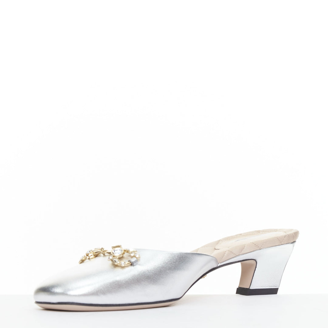 GUCCI silver metallic leather gold crystal horsebit buckle slipper heels EU37