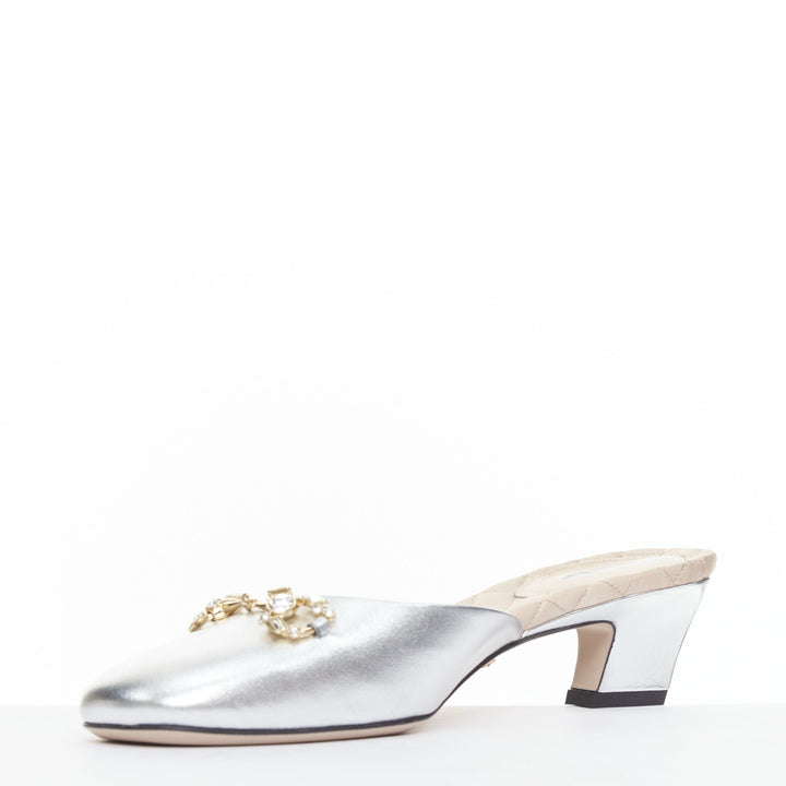 GUCCI silver metallic leather gold crystal horsebit buckle slipper heels EU37