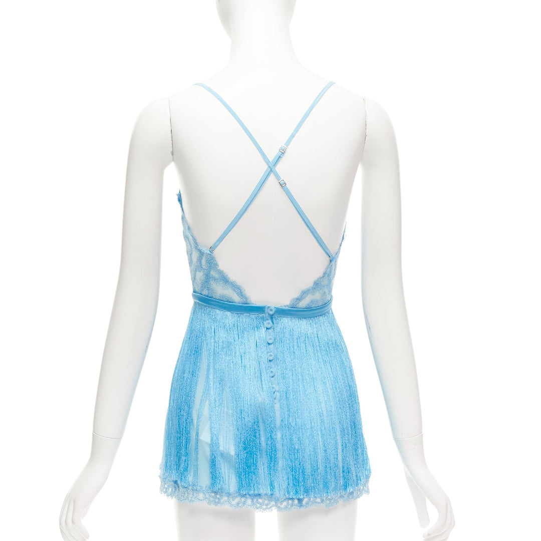 rare LA PERLA blue silk blend intricate lace fringe lingerie cami top US0 XS