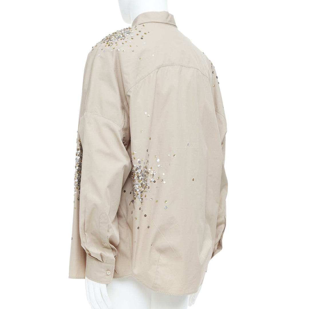 DRIES VAN NOTEN 2024 Casia beige sequin bead embellished cotton shirt M