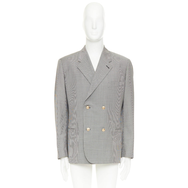 VERSACE grey wool micro houndstooth gold Medusa double breasted blazer EU50 L