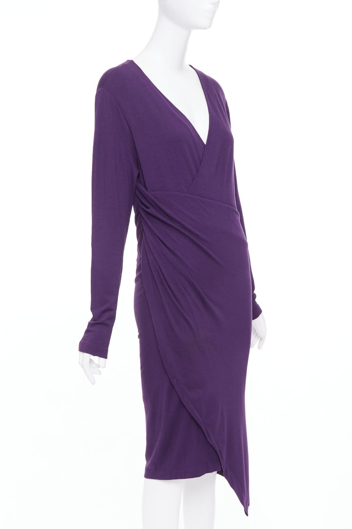 DONNA KARAN Surplice Neck Wrap purple jersey V neck drape dress L
