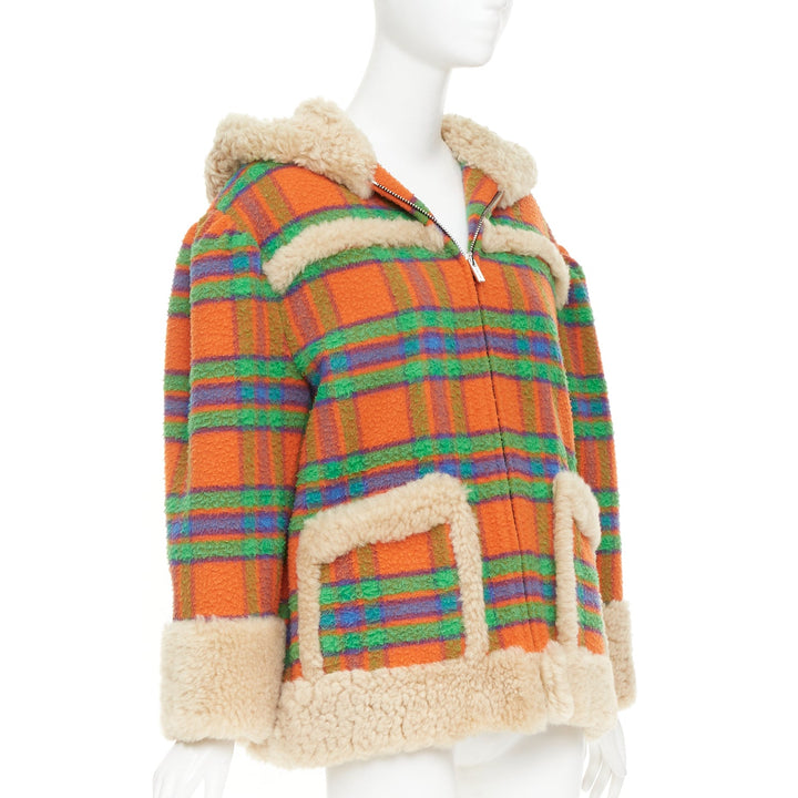 MIU MIU 2020 Plaid Casentino Shearling orange green fur trim boxy jacket IT38 XS