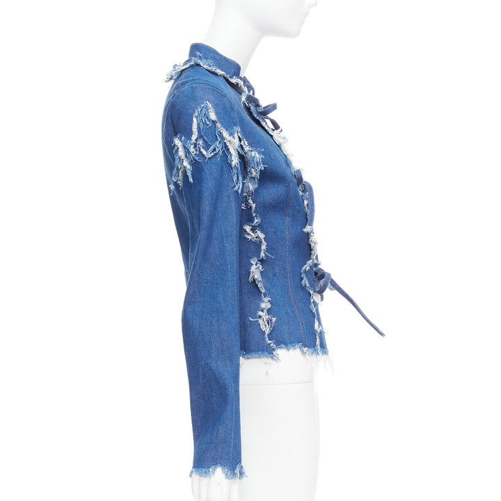 LADO BAKUCHAVA blue distressed shredded denim tie front jacket XS