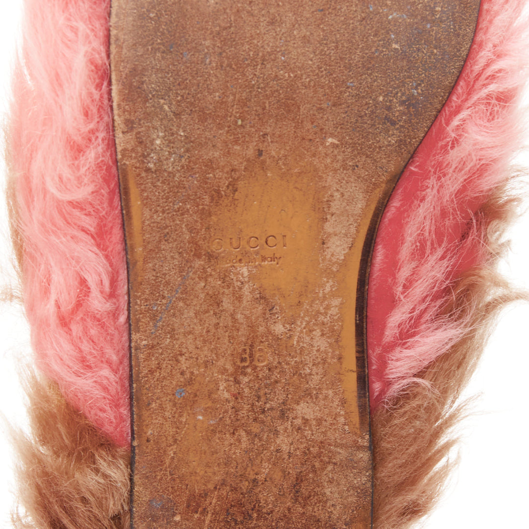 GUCCI Princetown pink brown  fluffy fur gold horsebit slip on loafer mule EU36