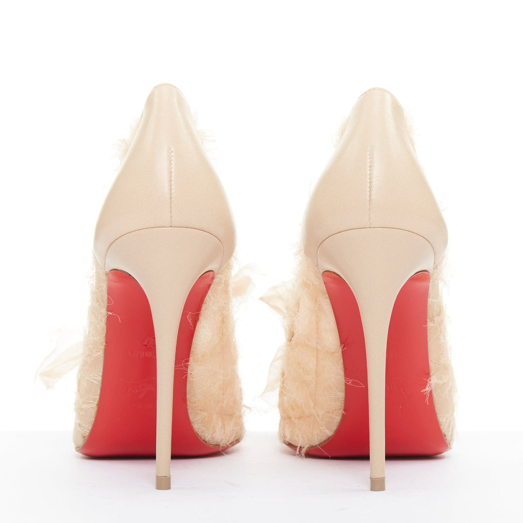 CHRISTIAN LOUBOUTIN Toufrou 100 Bridal nude frayed organza bow leather pump EU37