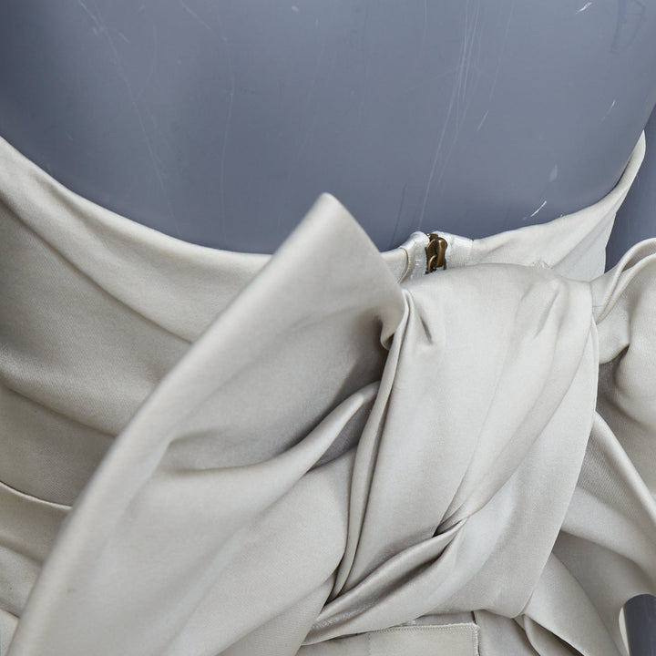 LANVIN Bridal light gray structural strapless bow back pleated bell dress FR36 S