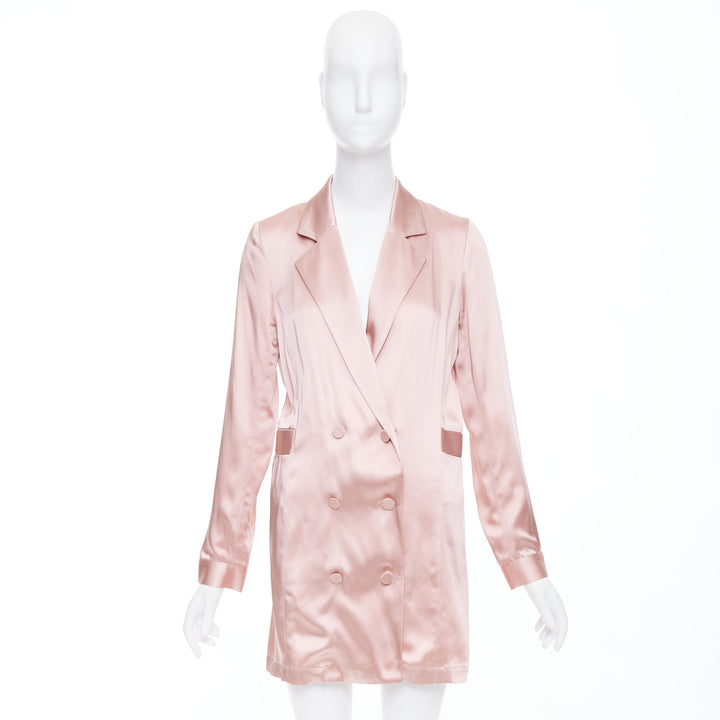 FLEUR DU MAL pink silky double breasted pocketed longline blazer coat US0 XS