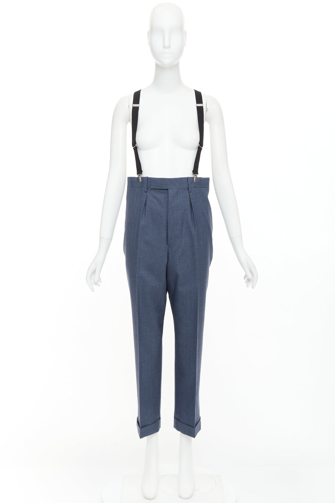 JUNYA WATANABE 2012 blue pinstripe black suspender high waisted harem pants M