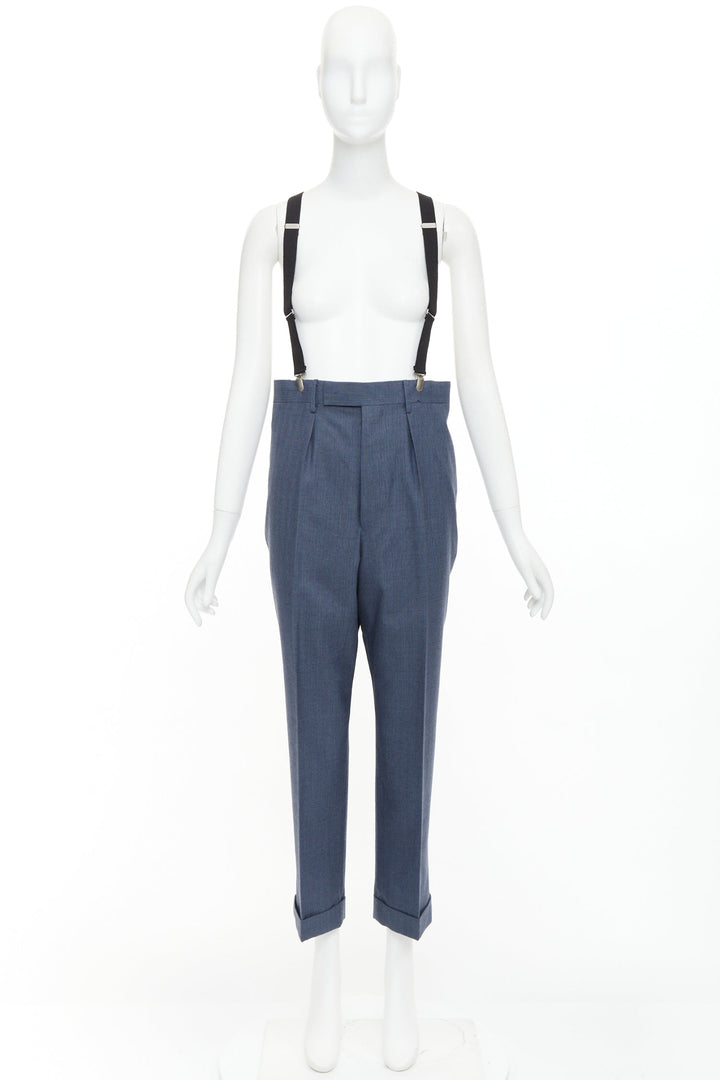 JUNYA WATANABE 2012 blue pinstripe black suspender high waisted harem pants M