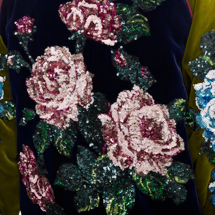 GUCCI Alessandro Michele 2017 navy olive rose sequin velvet bomber jacket IT40 S