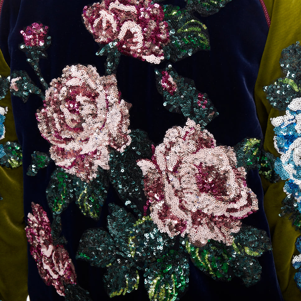 GUCCI Alessandro Michele 2017 navy olive rose sequin velvet bomber jacket IT40 S