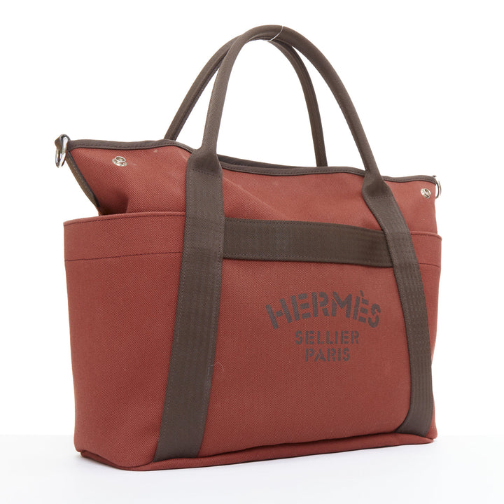 HERMES Sac de Panage Groom burgundy brown canvas logo tote bag