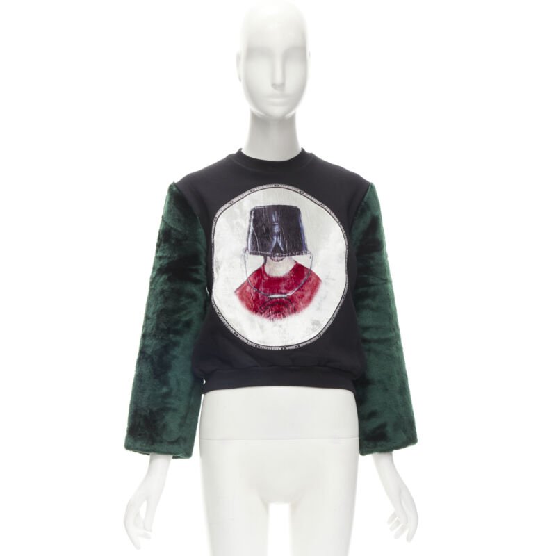 NASIR MAZHAR black velvet print green faux fur sleeve pullover sweatshirt S