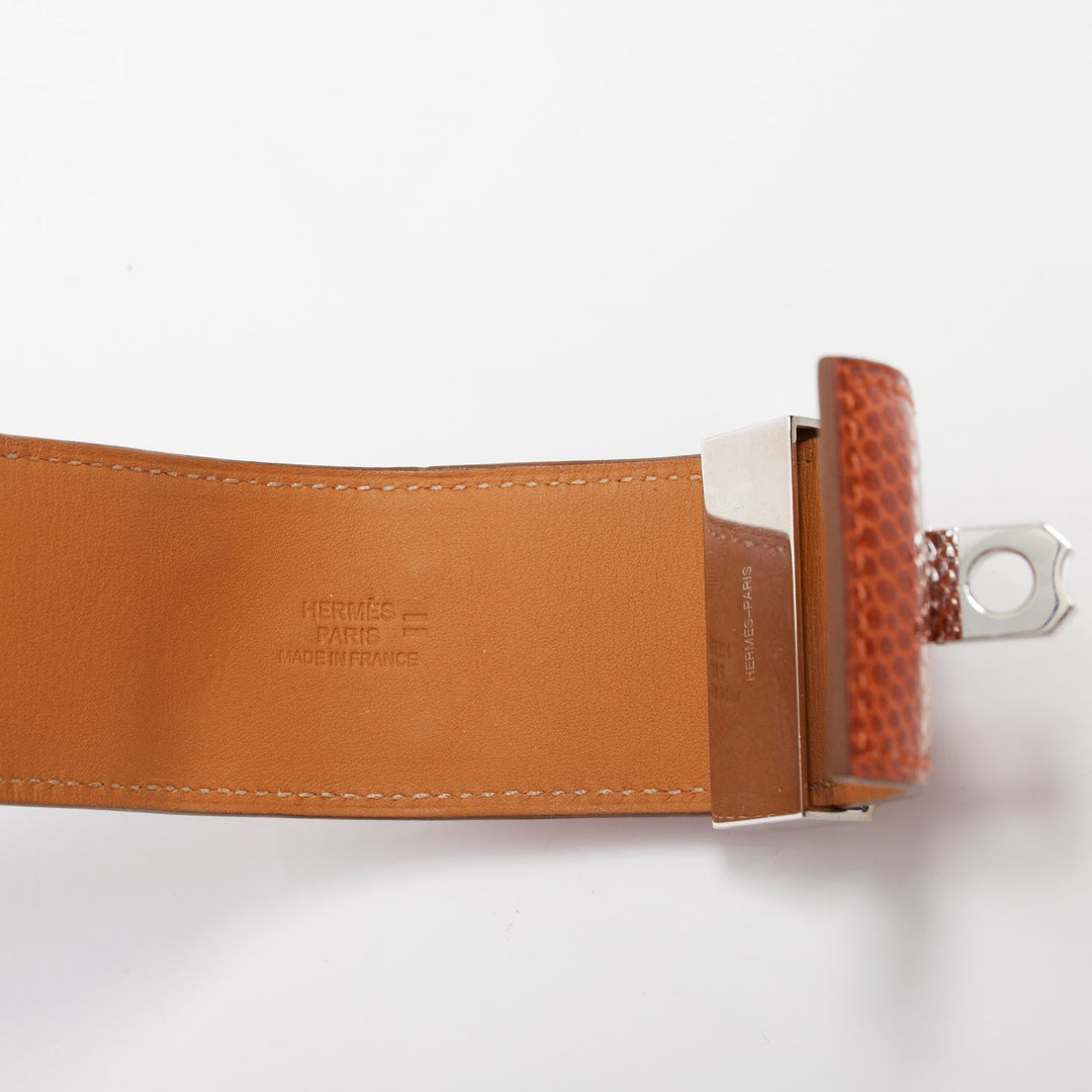 HERMES Collier de Chien tan brown salvage lizard silver medor cuff bracelet