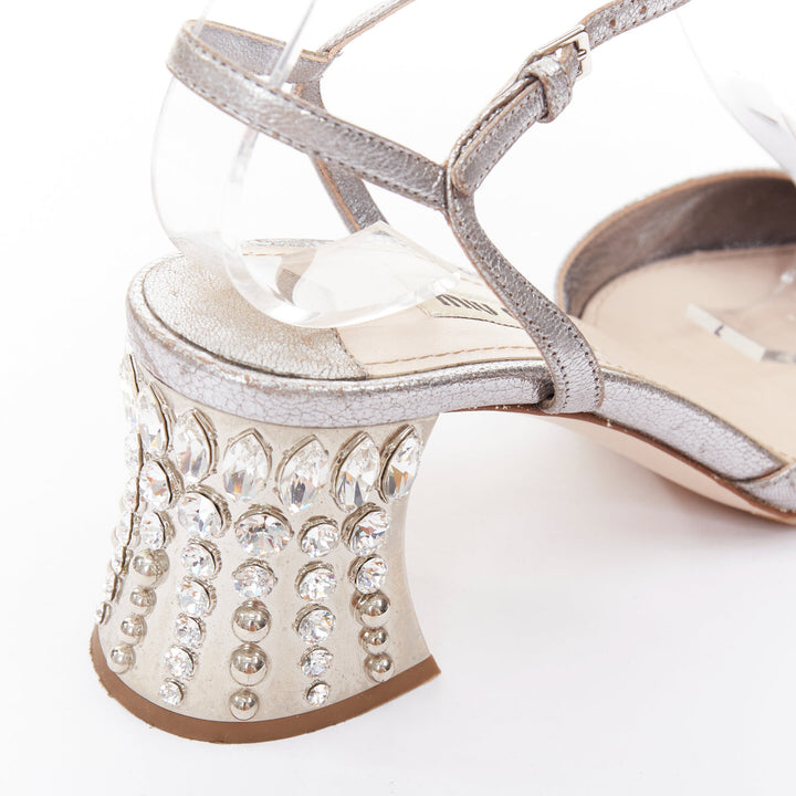 MIU MIU silver leather jewel embellished block heel pump EU35.5