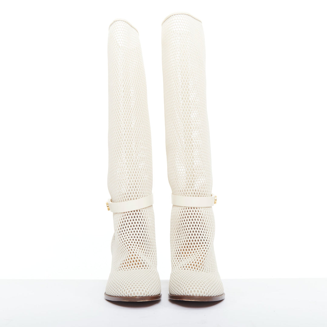 CHRISTIAN DIOR 2020 Empreinte Montaigne 70mm ivory perforated mesh boots EU38.5