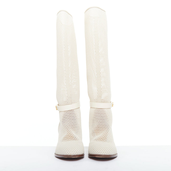 CHRISTIAN DIOR 2020 Empreinte Montaigne 70mm ivory perforated mesh boots EU38.5