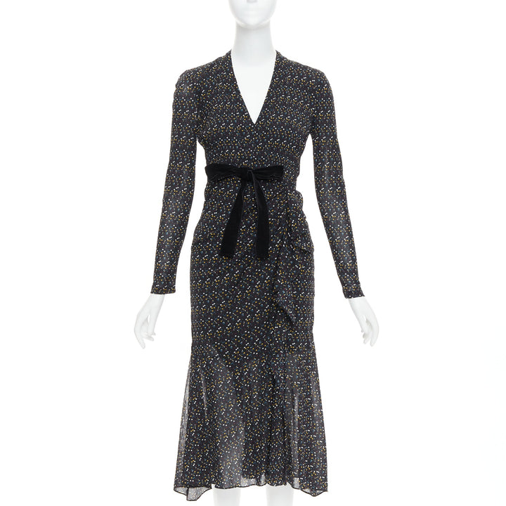 DIANE VON FURSTENBERG black multicolour polka dot bow wrap dress S