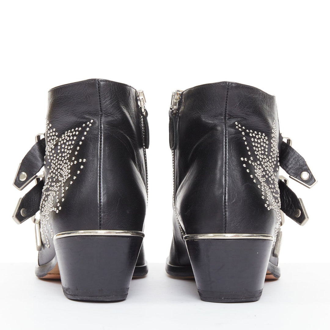CHLOE Susanna black leather silver floral studded buckle grunge boots EU39.5
