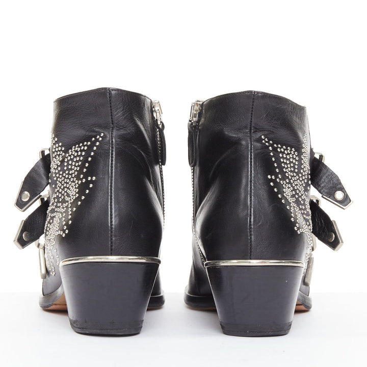 CHLOE Susanna black leather silver floral studded buckle grunge boots EU39.5