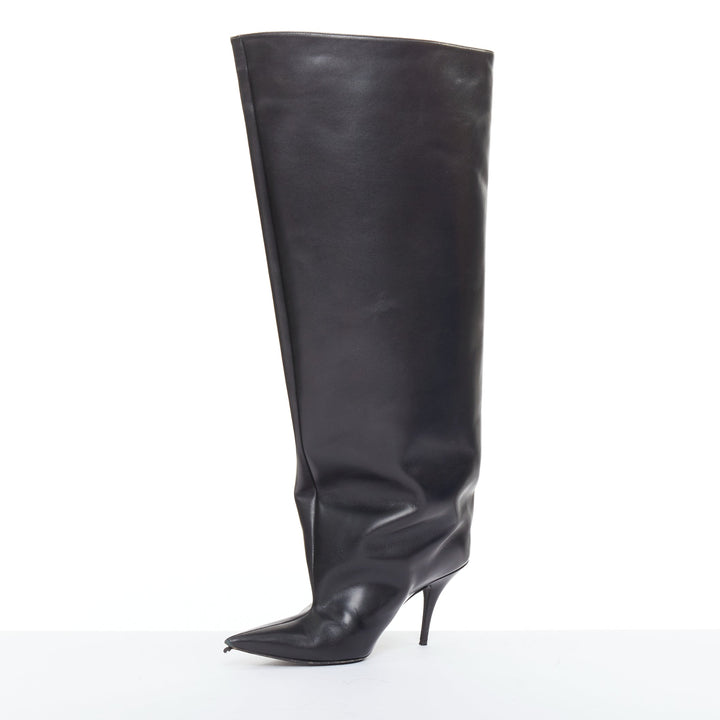 BALENCIAGA 2022 Runway Waders 90mm black leather flared shaft pointy boots EU
