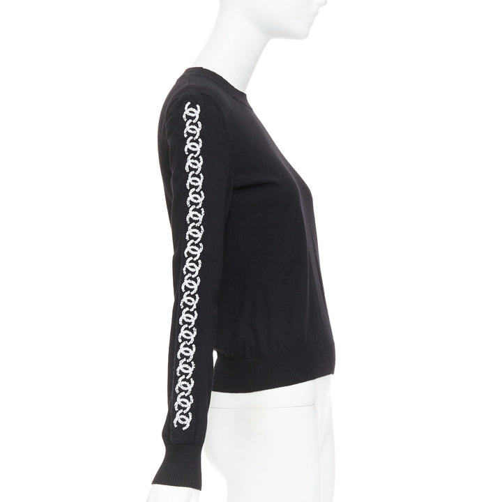 CHANEL 21A black wool sequin CC logo stripe sleeve crewneck pullover FR34 XS