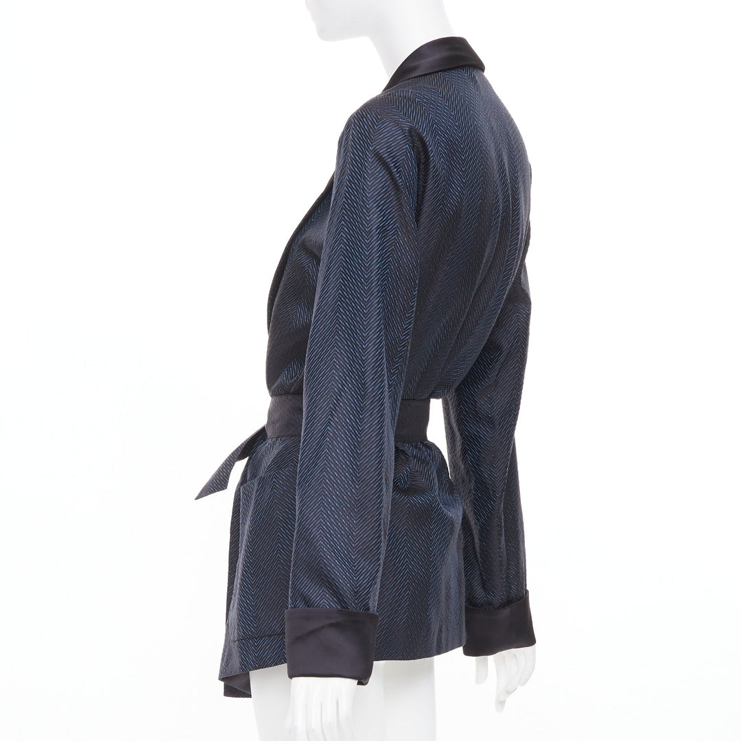 LA PERLA navy blue textured chevron jacquard silk shawl lapel smoking jacket