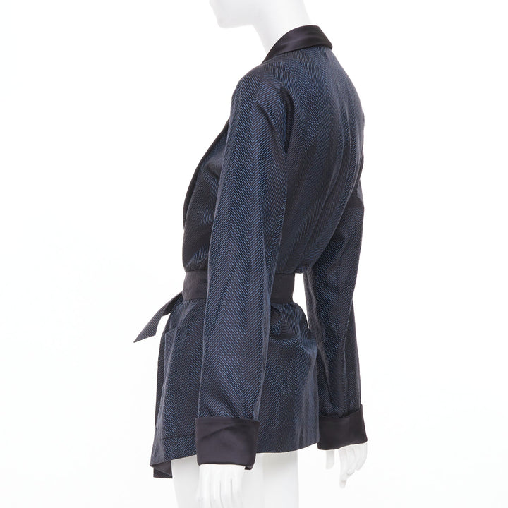 LA PERLA navy blue textured chevron jacquard silk shawl lapel smoking jacket