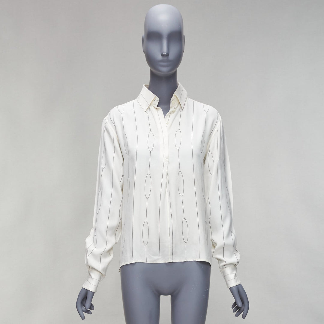 CELINE 100% silk cream oval linear half placket blouse shirt FR34 XS