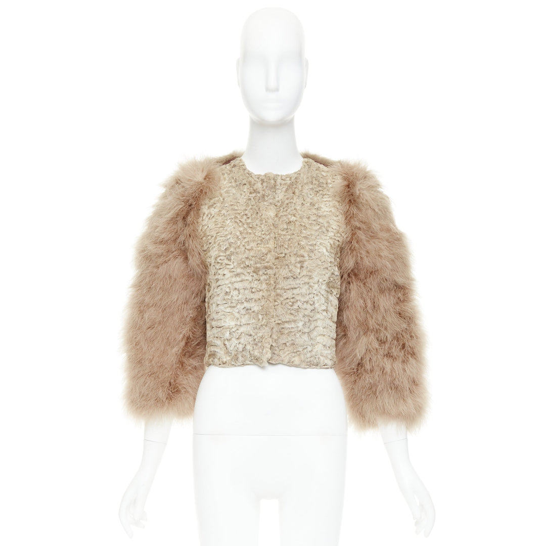 rare GIVENCHY beige Astrakan fur feather sleeves cropped bolero jacket