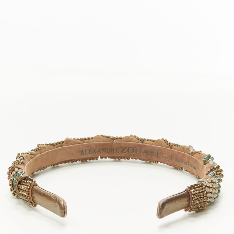 ALEXANDER ZOUARI bronze leather copper white green crystal encrusted headband