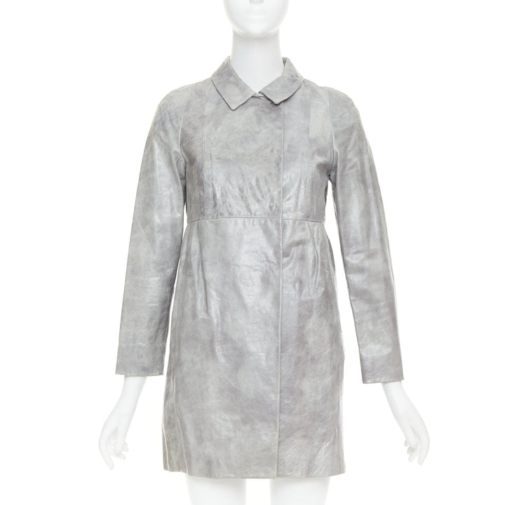 MIU MIU 2007 grey crackled lambskin leather A-line long coat IT38 XS