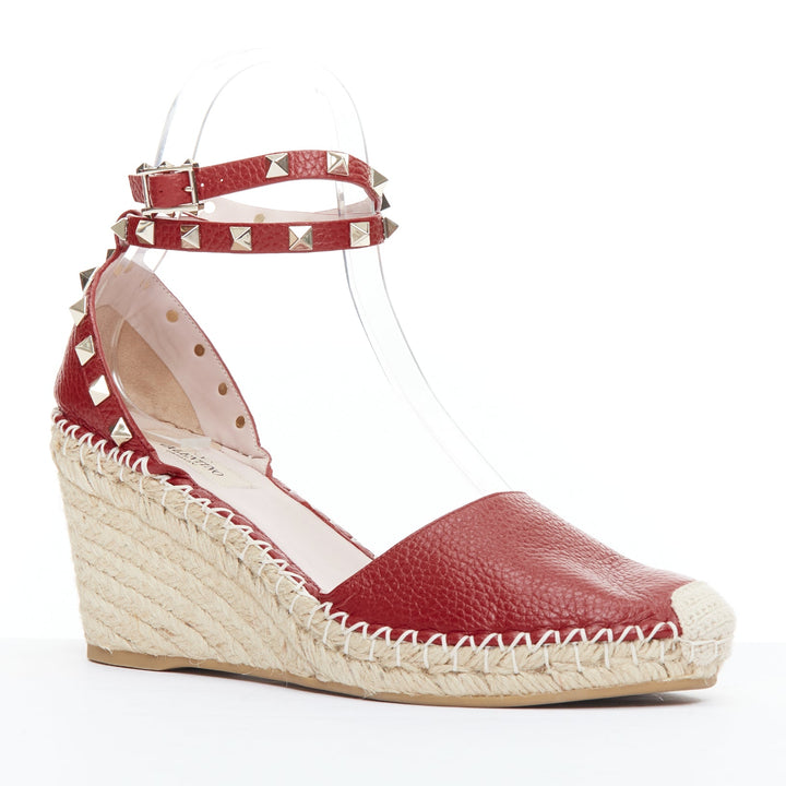 VALENTINO Rockstud 85 red leather jute espadrille wedge EU39