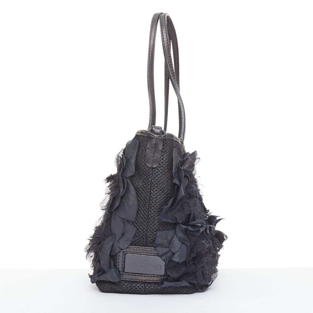 VALENTINO black fabric mesh floral lace applique leather trim crossbody tote bag
