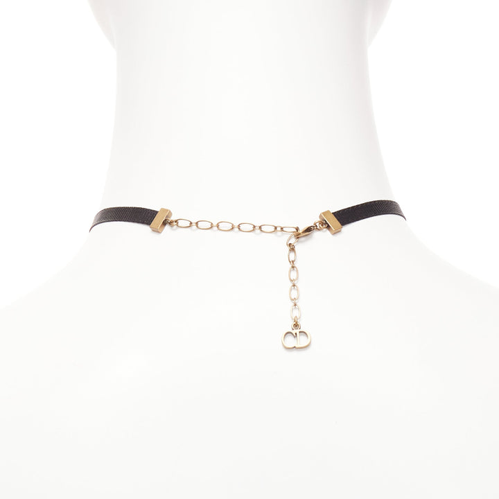 DIOR antique gold star CD charm black fabric short choker