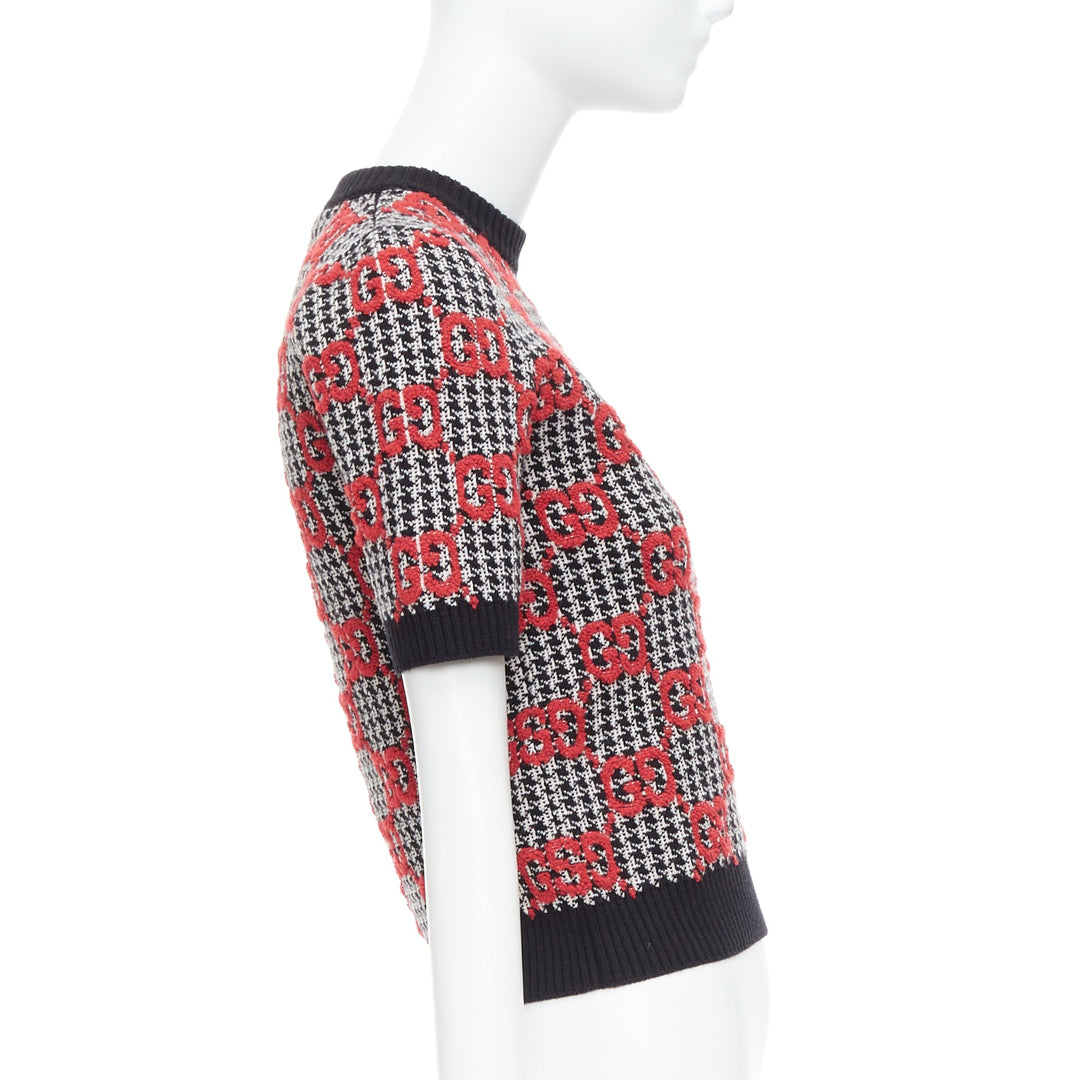 GUCCI 2023 red black Giant Monogram houndstooth intarsia crop sweater XS