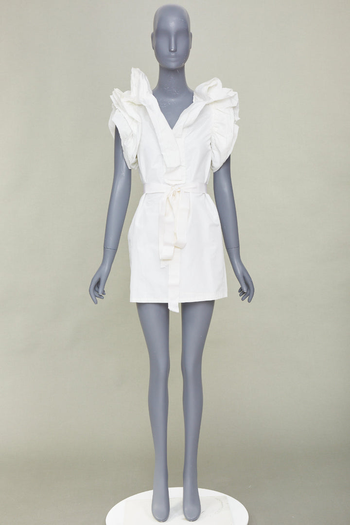 LANVIN 2008 Runway bridal white cotton wrap tiered ruffle sleeve dress FR36 S