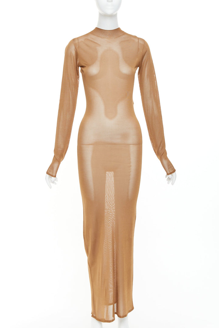 SAINT LAURENT Anthony Vaccarello 2022 warm brown crew neck sheer maxi dress S