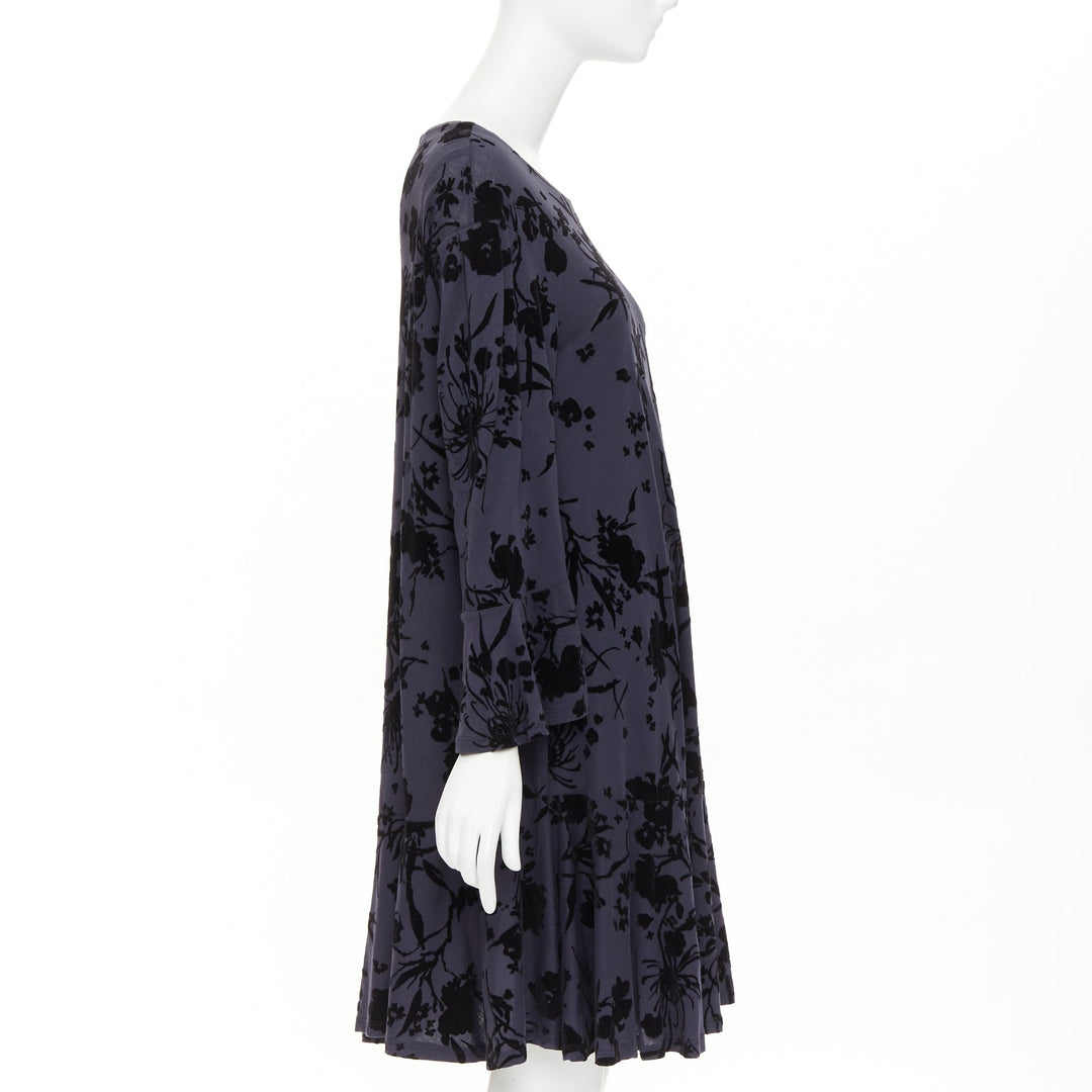 DRIES VAN NOTEN grey cotton black velvet damask floral flock print dress XS
