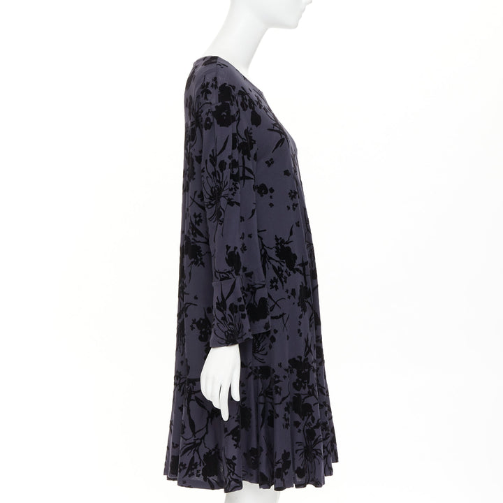 DRIES VAN NOTEN grey cotton black velvet damask floral flock print dress XS