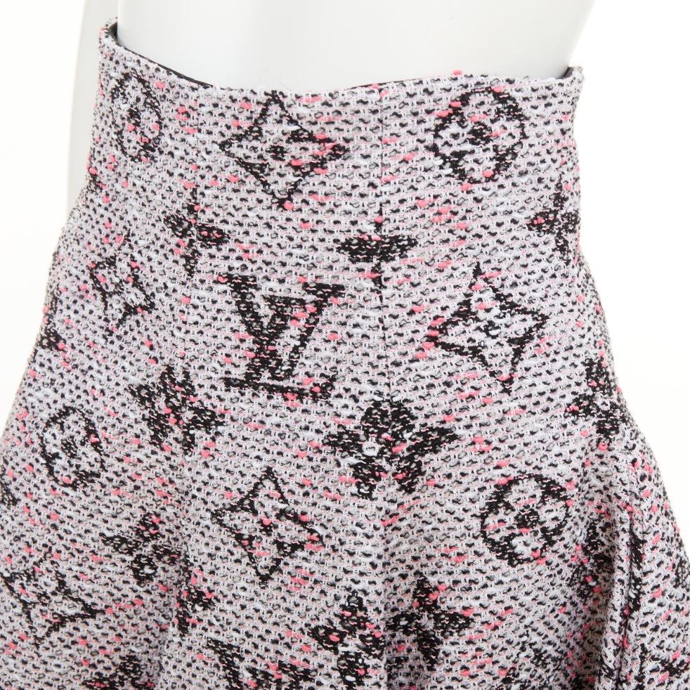 LOUIS VUITTON Monogram Tweed Pleated Circle pink black flared skirt FR34 XXS
