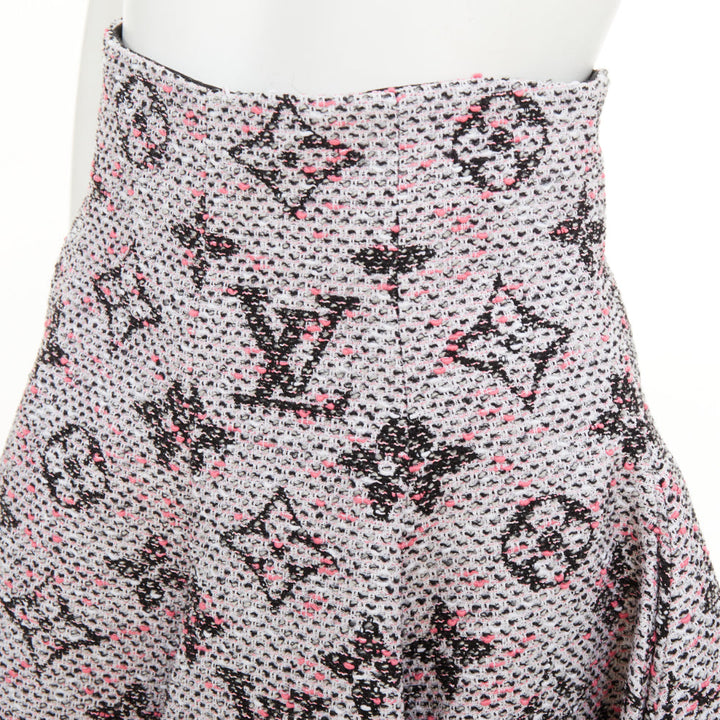 LOUIS VUITTON Monogram Tweed Pleated Circle pink black flared skirt FR34 XXS